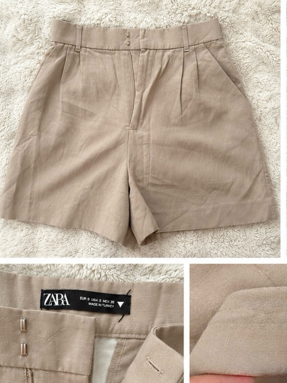 Zara Beige High-Waist Pleated Shorts